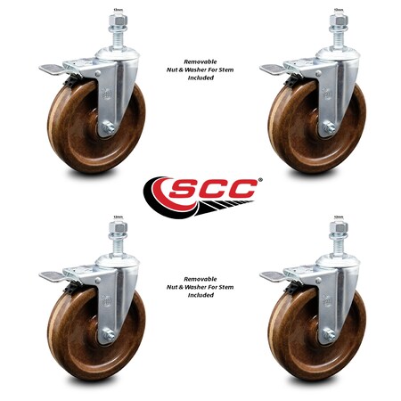 Service Caster 6 Inch High Temp Phenolic Swivel 10mm Stem Caster Set with Total Lock Brake SCC-TSTTL20S615-PHSHT-M1015-4